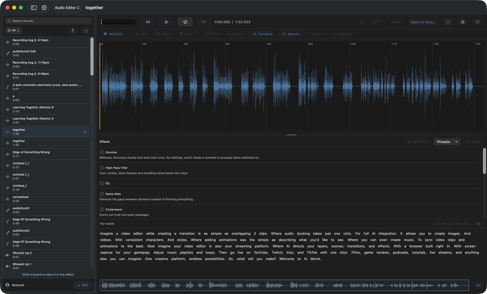 AI Movie audio editor: a full waveform with an effects rack and an editable transcript