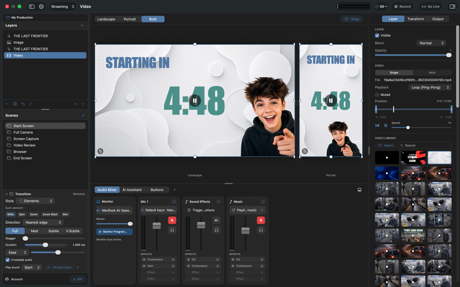 AI Movie live streaming studio: scenes, layers, and the audio mixer, previewing landscape and portrait at once